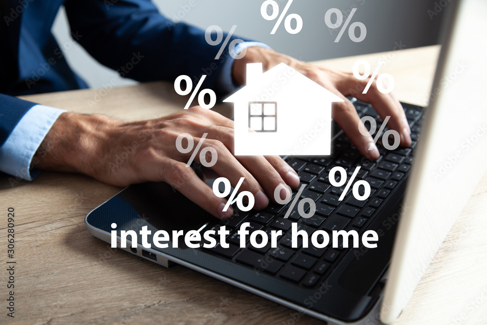 businessman and percent icon with home businessman and percent icon with home