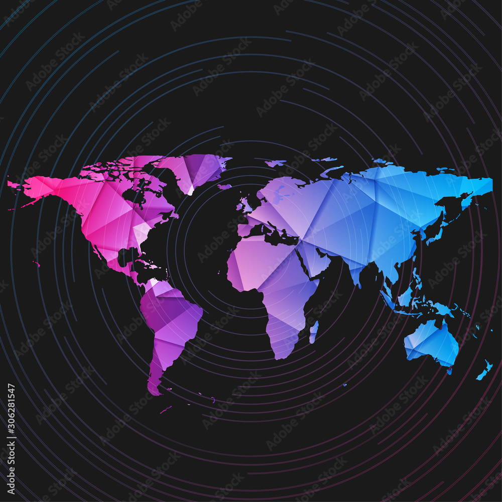 Bright blue and purple low poly world map with thin round lines tech ...