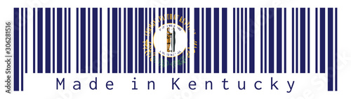 Barcode set the color of Kentucky flag, the Commonwealth's seal on blue color and the words "Commonwealth of Kentucky" above and sprigs of goldenrod. text: Made in Kentucky.