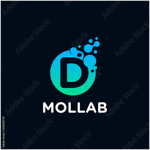 initial Letter D with molecule element. Lab Logo Design concept. Design Vector with Dots and Bubbles. perfect for technology, digital, software, network and science brand. - vector
