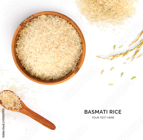 Creative layout made of basmati rice on white background. Flat lay. Food concept. Macro concept.