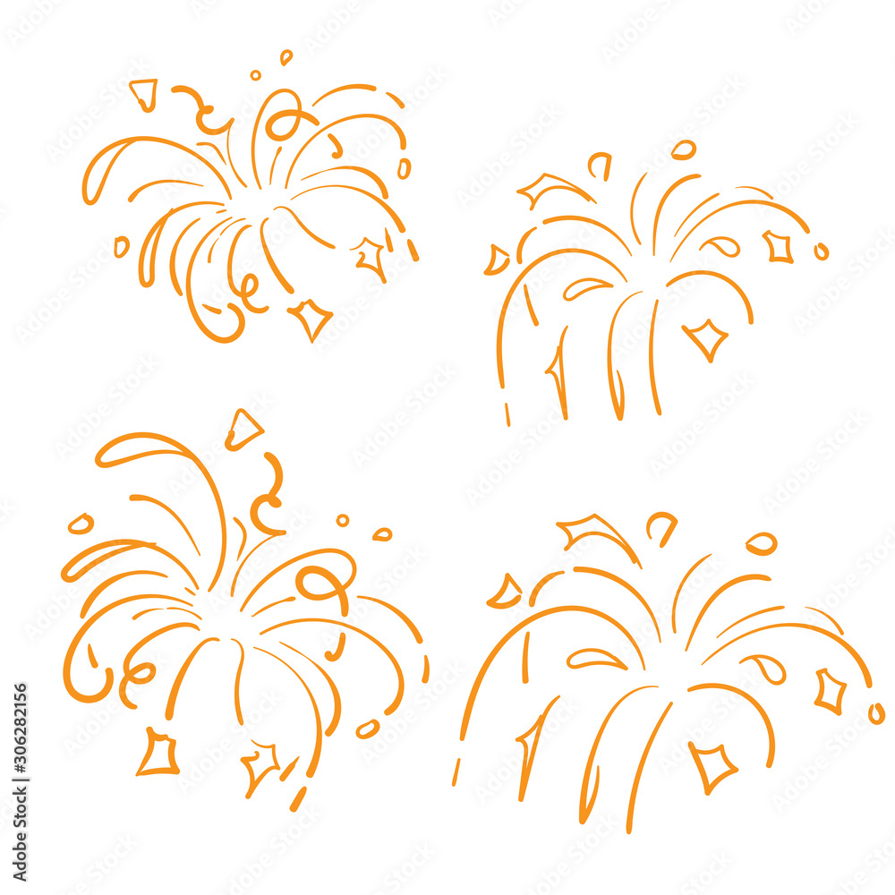 Golden Doodle Fireworks Isolated on White Background symbol for Celebration, Party Icon, Anniversary, New Year Eve. hand drawn style