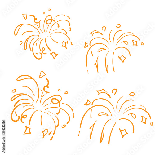 Golden Doodle Fireworks Isolated on White Background symbol for Celebration, Party Icon, Anniversary, New Year Eve. hand drawn style