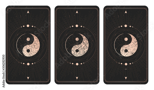 Vector set of three yin yang signs on dark backgrounds with geometric shape, grunge textures and frames.