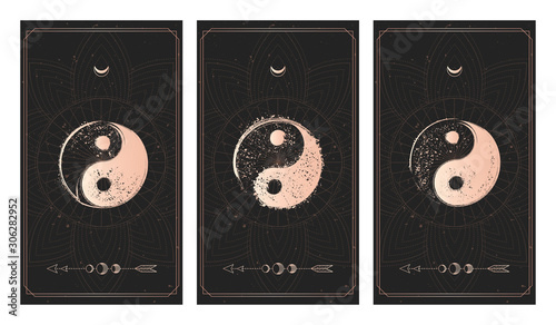 Vector set of three yin yang signs on dark backgrounds with geometric shape, grunge textures and frames.