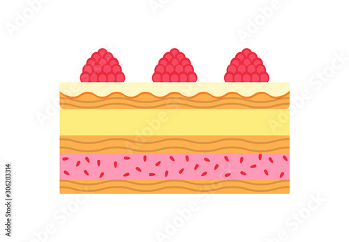 Sponge cake with raspberries. Isolated on white background. Vector illustration in flat style