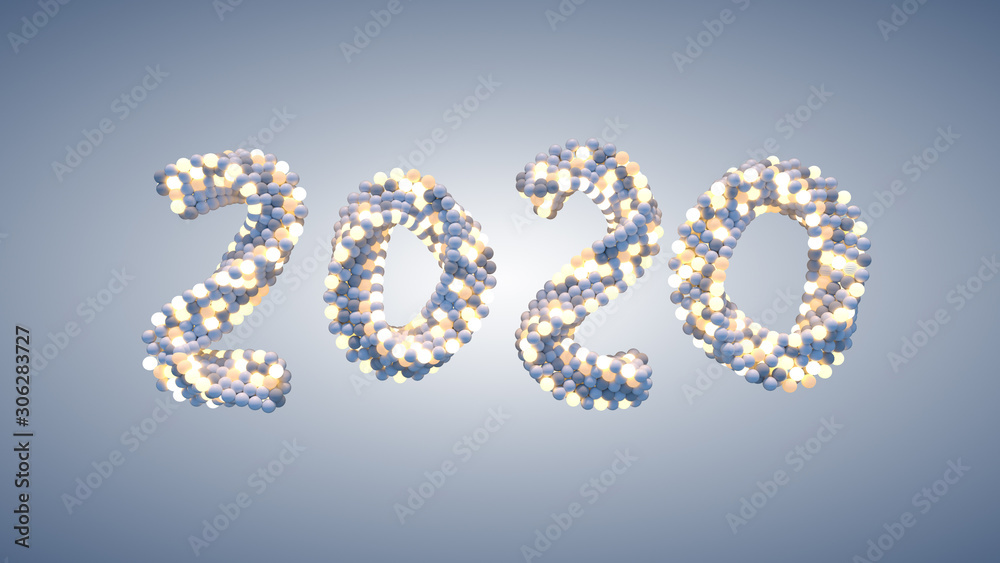 Twisted text 2020 of glowing spheres 3D render illustration Twisted text 2020 of glowing spheres 3D render illustration