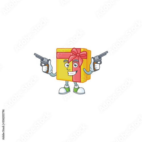 Yellow gift box cartoon character as a Cowboy holding guns