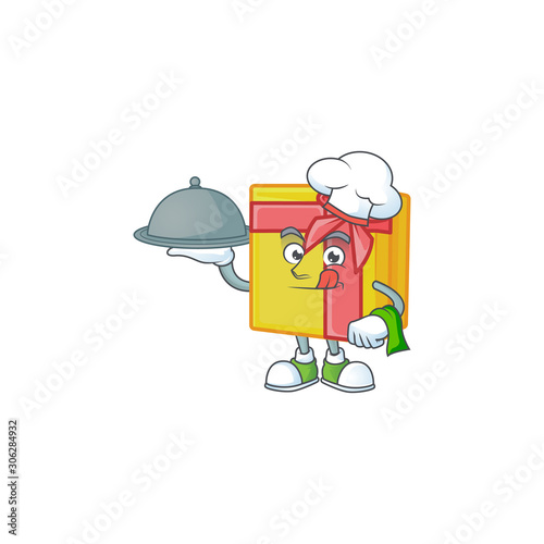 smiling yellow gift box as a Chef with food cartoon style design
