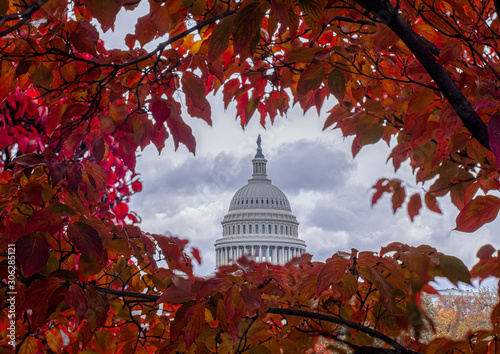 Capitol Building Dome on a Cloudy Autumn Day with Red Leaves