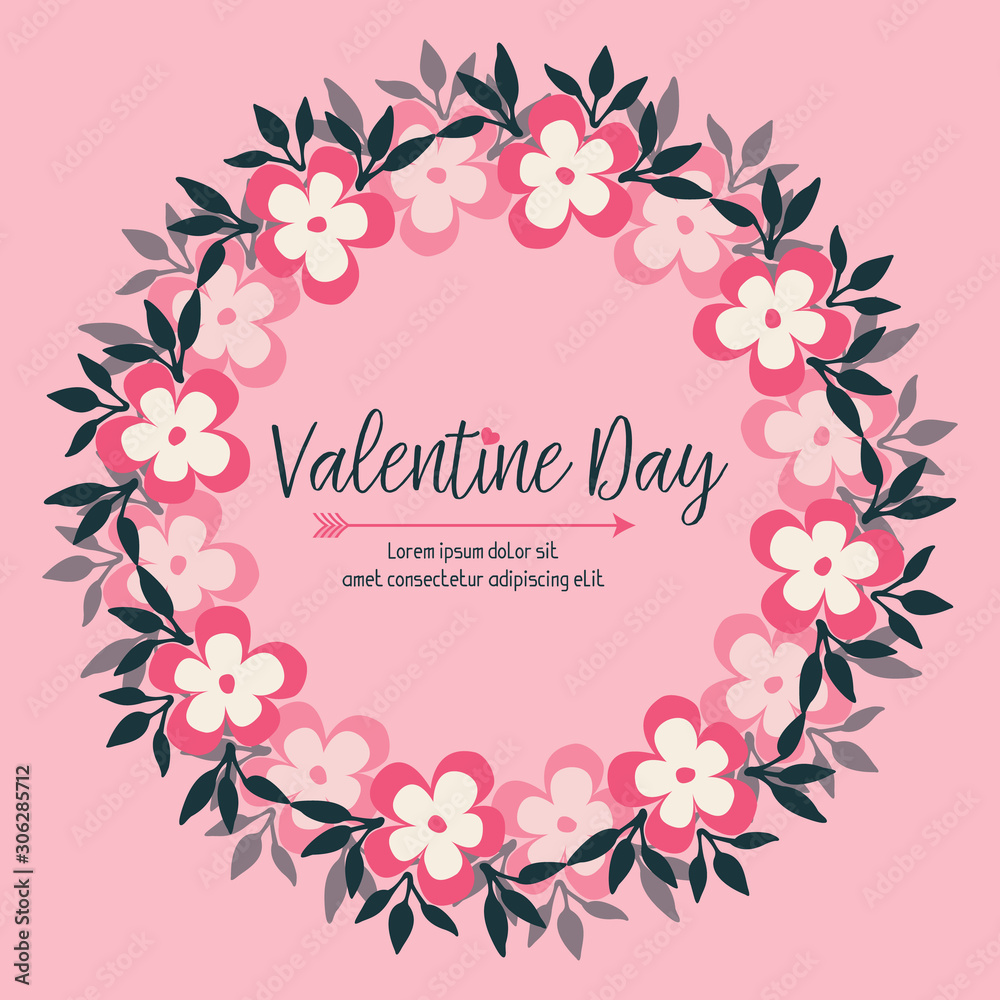 Decor text of valentine day, with various shape pattern of leaf flower frame. Vector