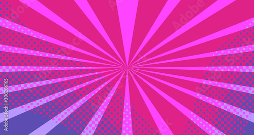 Vintage colorful comic book background. Red violet blank bubbles of different shapes. Rays  radial  halftone  dotted effects. For sale banner empty Place for text 1960s. Copy space vector eps10.