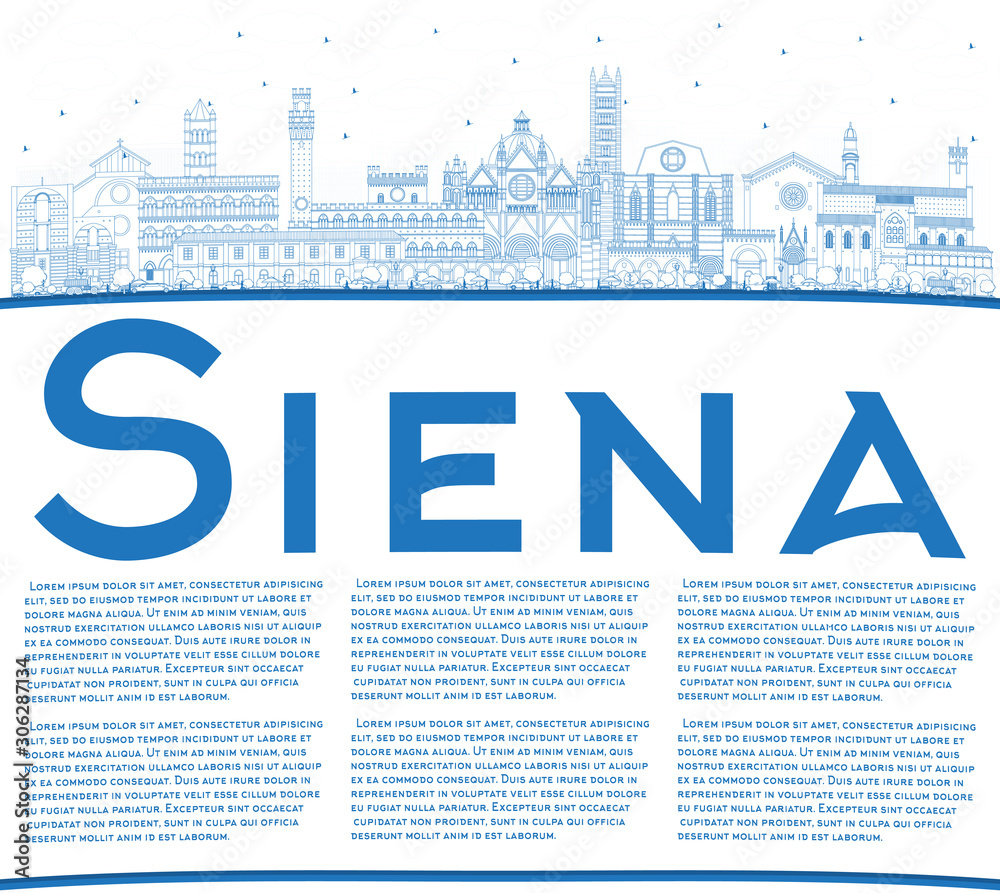 Outline Siena Tuscany Italy City Skyline with Blue Buildings and Copy Space.