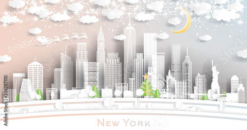 New York USA City Skyline in Paper Cut Style with Snowflakes, Moon and Neon Garland.