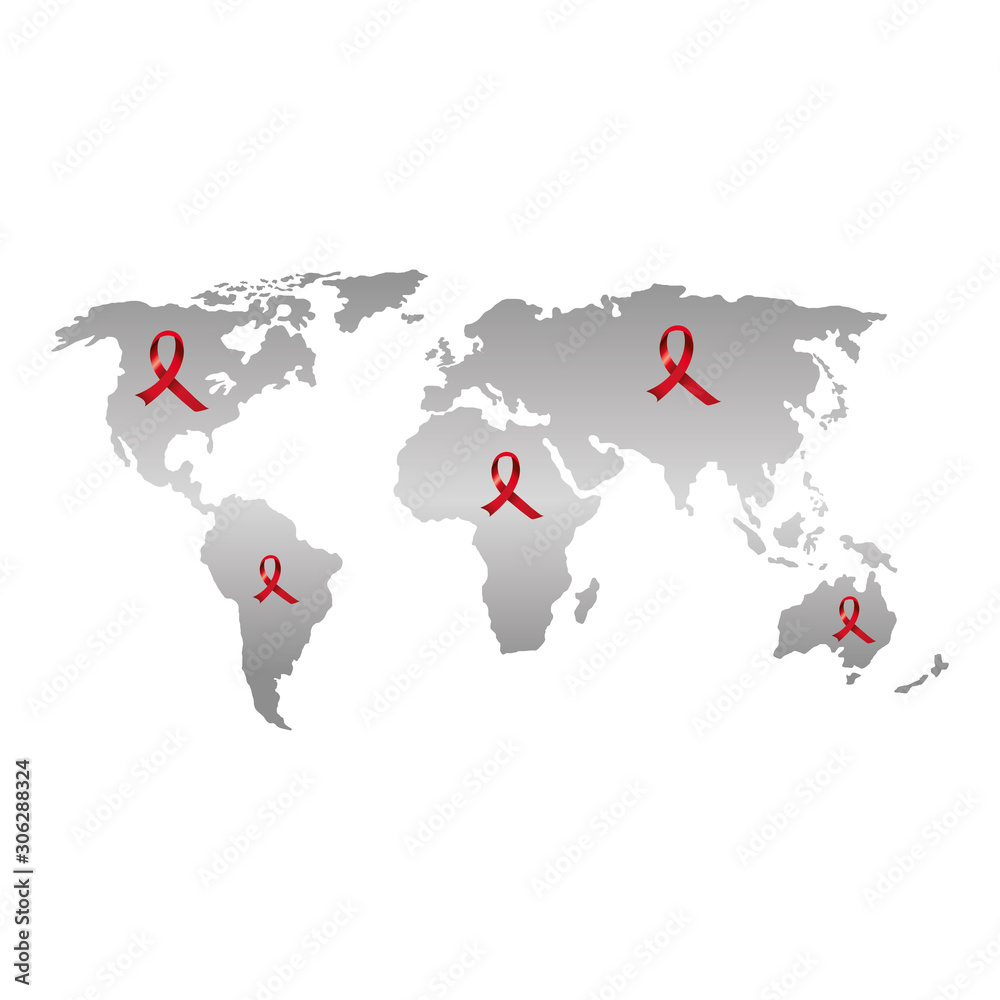 world map with set of aids day awareness ribbons vector illustration design