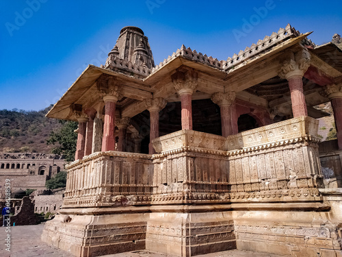 A vandalized ancient hindu temple of Bhangarh fort in Alwar Rajasthan India. Bhangarh fort is now considered as the most haunted place of india-December 2018 photo