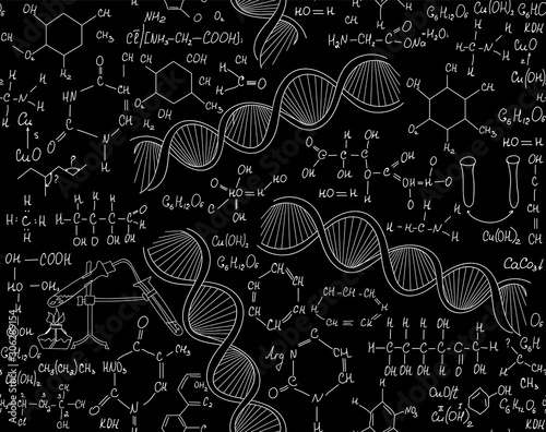 Chemistry and biology educational vector seamless pattern with handwritten formulas and dna strands, molecular equations