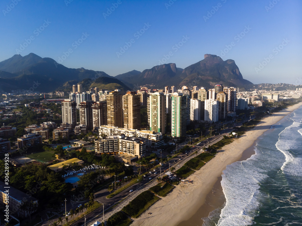 Aerial view of Barra da Tijuca beach during late afternoon. Rio de Janeiro, Brazil.