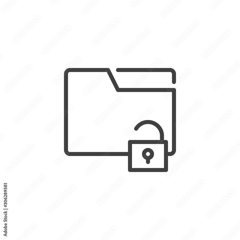 Unlocked file folder line icon. linear style sign for mobile concept and web design. Data Folder protection outline vector icon. Insecure doc symbol, logo illustration. Vector graphics Unlocked file folder line icon. linear style sign for mobile concept and web design. Data Folder protection outline vector icon. Insecure doc symbol, logo illustration. Vector graphics