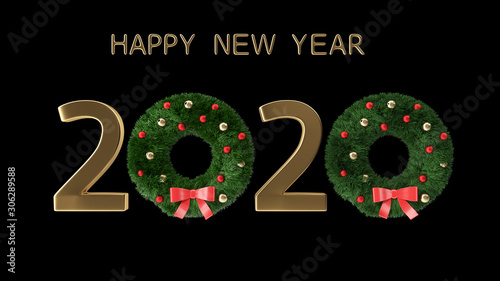 3d minimal realistic gold foil balloon happy new year 2020 card with christmas tree branches background illustration