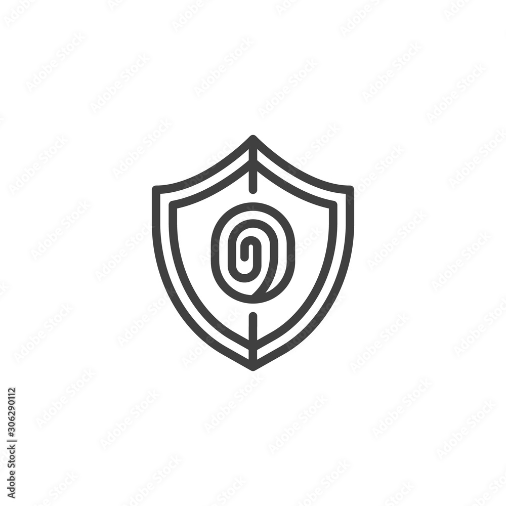 Finger Print Security Shield line icon. linear style sign for mobile concept and web design. Fingerprint access password outline vector icon. Data security symbol, logo illustration. Vector graphics Finger Print Security Shield line icon. linear style sign for mobile concept and web design. Fingerprint access password outline vector icon. Data security symbol, logo illustration. Vector graphics