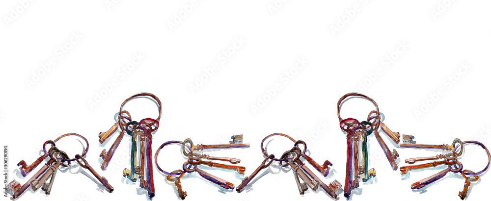 old rusty keys on a ring pattern background old rusty keys on a ring pattern background