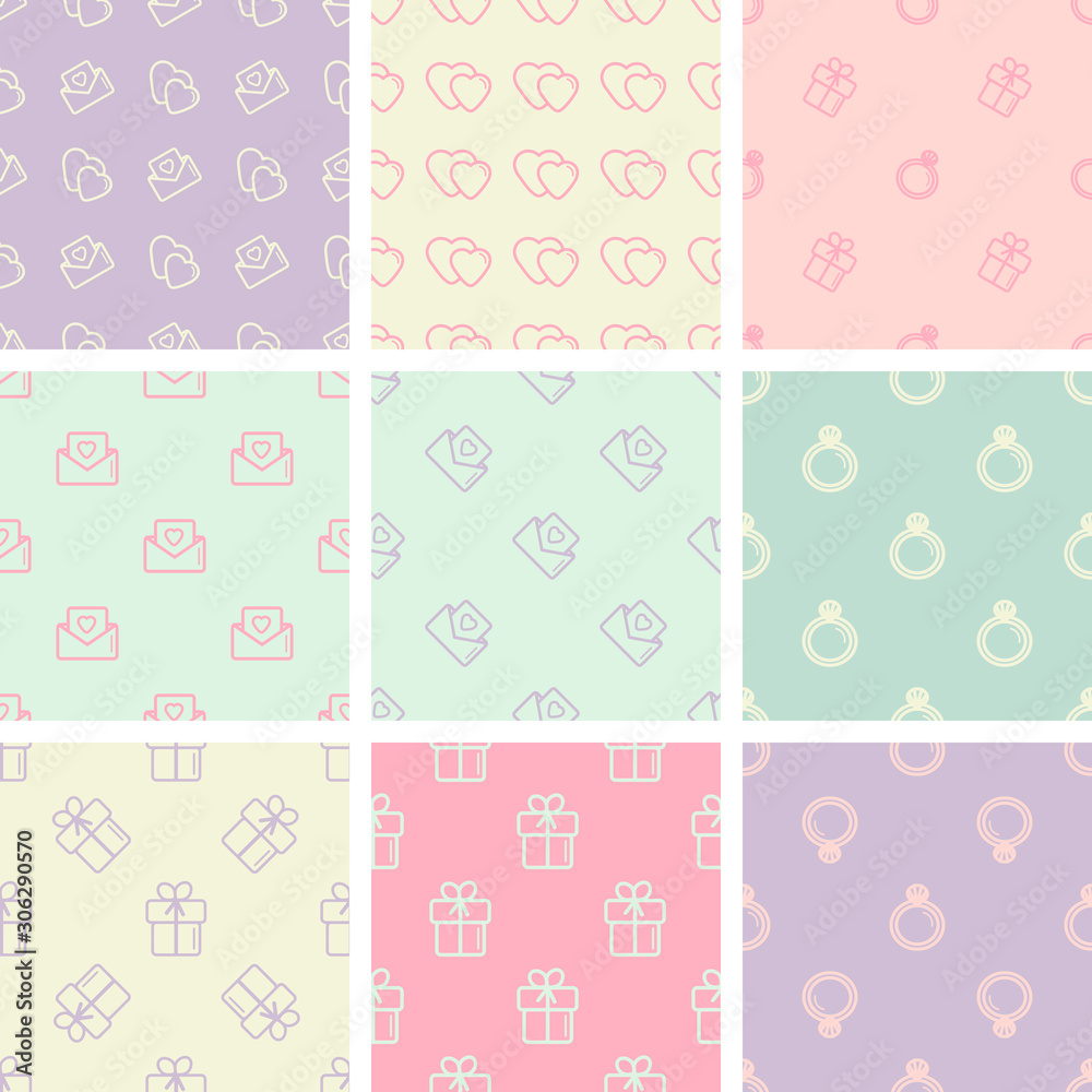 Set of seamless patterns of icons, vector illustration. Symbols of love and marriage in a flat style. Hearts, ring, gift on a pastel color background. Use as background, paper print