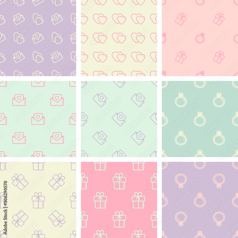 Set of seamless patterns of icons, vector illustration. Symbols of love and marriage in a flat style. Hearts, ring, gift on a pastel color background. Use as background, paper print Set of seamless patterns of icons, vector illustration. Symbols of love and marriage in a flat style. Hearts, ring, gift on a pastel color background. Use as background, paper print