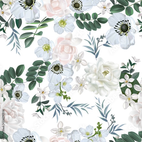White flower with jasmine seamless pattern on white background
