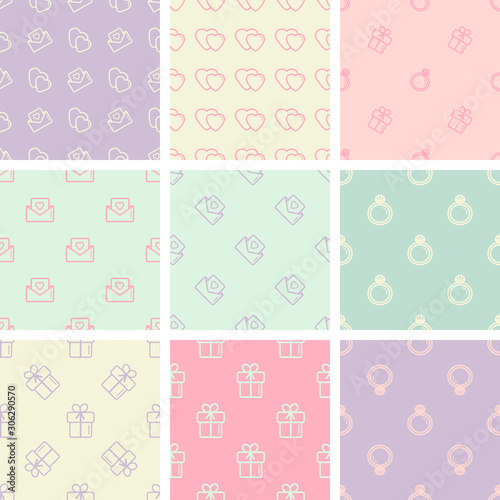 Set of seamless patterns of icons, vector illustration. Symbols of love and marriage in a flat style. Hearts, ring, gift on a pastel color background. Use as background, paper print