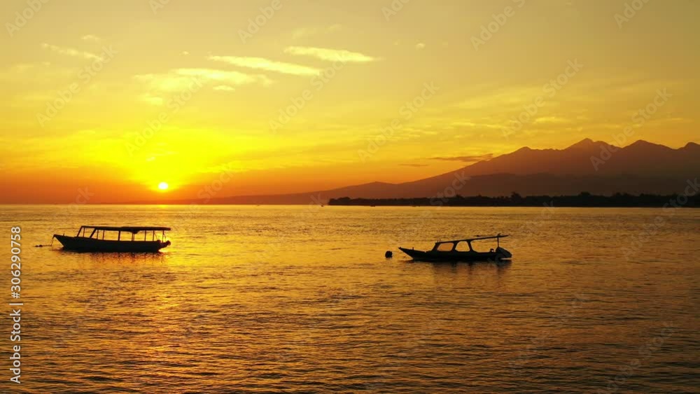 Golden Sunset On Tropical African Sea With Silhouette Of Fishing Boats Golden Sunset On Tropical African Sea With Silhouette Of Fishing Boats
