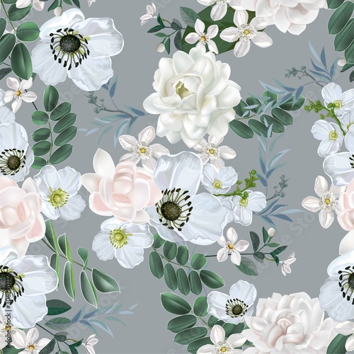 White flower with jasmine seamless pattern on white background