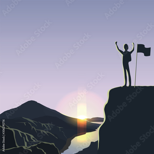 business and travel , success, Happy hiker winning reaching life goal, success, freedom and happiness, achievement in mountains ,Vector illustration cartoon character.