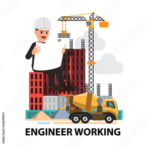 Business Engineer concept is working. ,Building under Construction site background ,infographics Construction , Vector illustration cartoon character design.