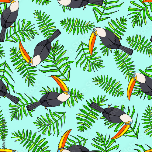 Hand drawn seamless pattern with tropical birds and leaves on blue background. Vector flat illustration of toucan. Pattern for posters, postcards, fabric or wrapping paper.
