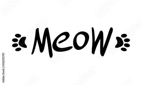 Hand drawn meow lettering with cat paw prints. Black objects isolated on white background. Flat vector illustration.