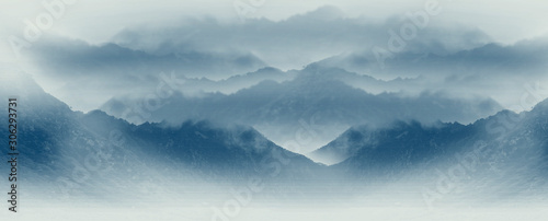 Chinese ink wash style sunset mountain scenery background © hqrloveq