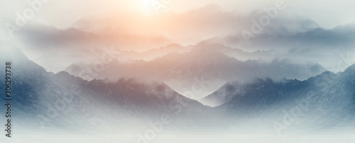 Chinese ink wash style sunset mountain scenery background