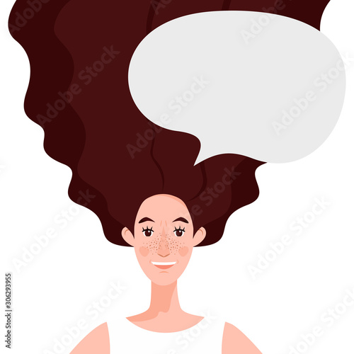 Happy young woman who succeeds with chat, dialogue speech bubble. The concept of a job well done.
