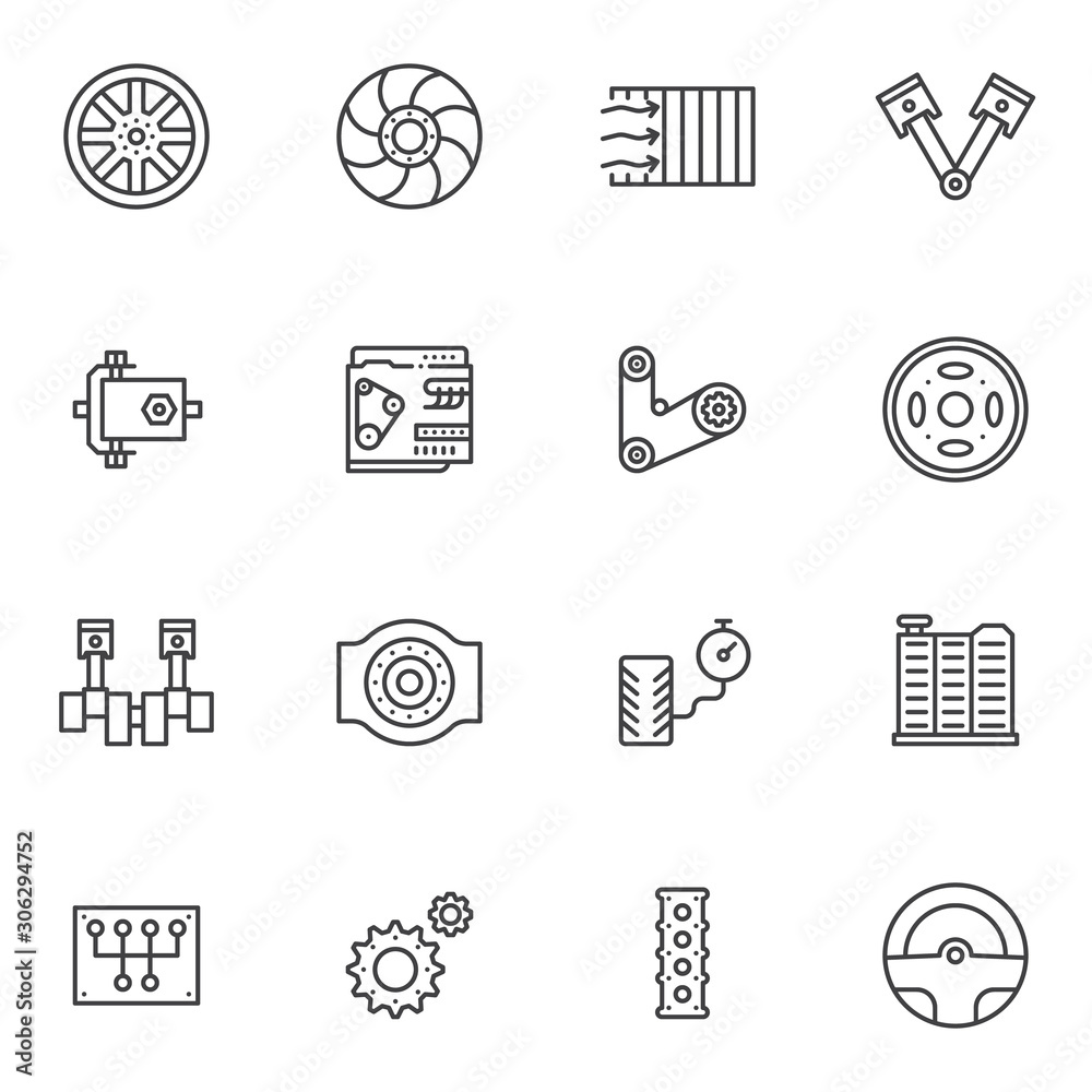 The car parts line icons set. linear style symbols collection, outline signs pack. vector graphics. Set includes icons as brake disk, steering wheel, car engine, transmission, piston system, gears The car parts line icons set. linear style symbols collection, outline signs pack. vector graphics. Set includes icons as brake disk, steering wheel, car engine, transmission, piston system, gears