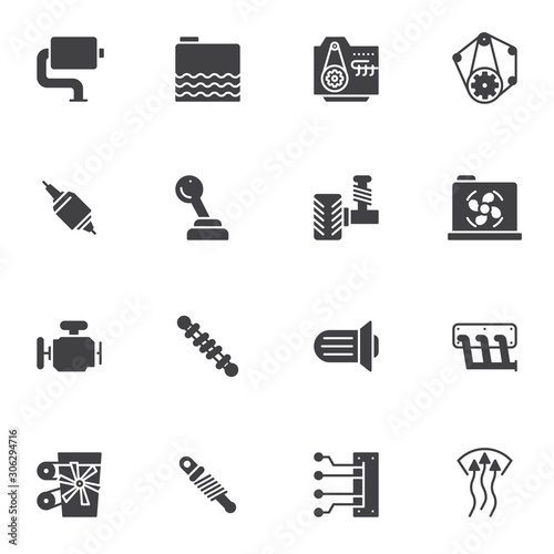 Car parts vector icons set, modern solid symbol collection, filled style pictogram pack. Signs, logo illustration. Set includes icons as exhaust pipe, engine gears, radiator cooling, shock absorber