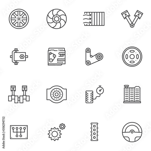 The car parts line icons set. linear style symbols collection, outline signs pack. vector graphics. Set includes icons as brake disk, steering wheel, car engine, transmission, piston system, gears
