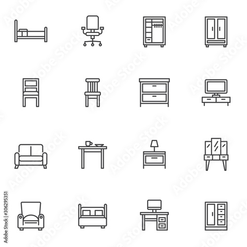 Interior furniture line icons set. Home decor linear style symbols collection, outline signs pack. vector graphics. Set includes icons as bed, office chair, cupboard, tv stand, table, dressing cabinet