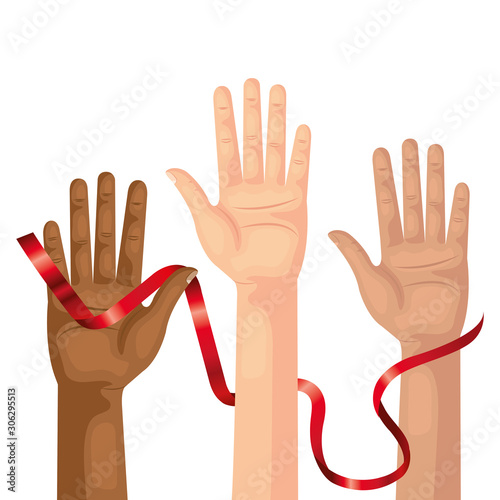 hands with aids day awareness ribbon vector illustration design