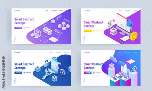 Smart Contract Concept based landing page design with different platforms in four option.