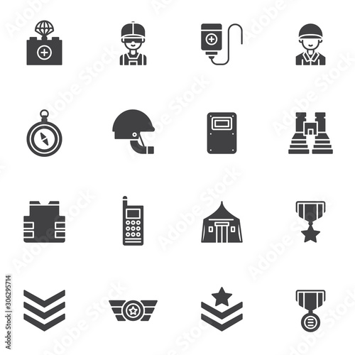 Military vector icons set, modern solid symbol collection, filled style pictogram pack. Signs, logo illustration. Set includes icons as helmet, binoculars, fighter jet pilot, body armor, military rank