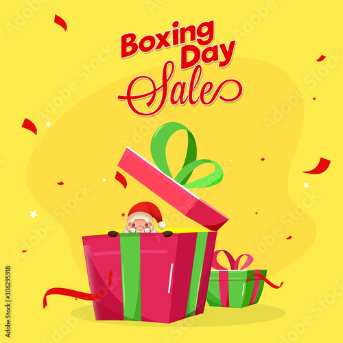 Boxing Day Sale poster design with surprise santa claus in gift box on yellow background.
