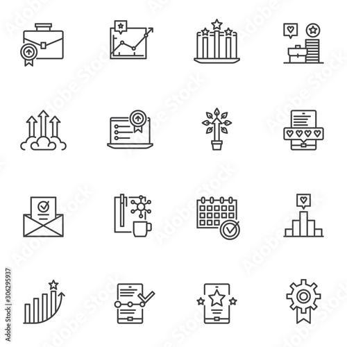 Business success line icons set. linear style symbols collection, outline signs pack. vector graphics. Set includes icons as growing graph, money tree, rating stars, feedback hearts, business diagram
