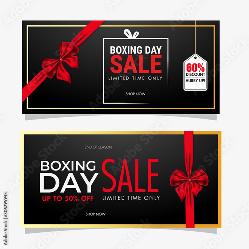 Set of Boxing Day Sale banner design covering with red ribbon and different discount offer on black background.