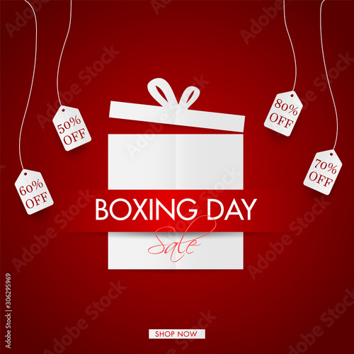 Boxing Day Sale poster design with hanging tag of different discount offer on red background for Advertising concept.